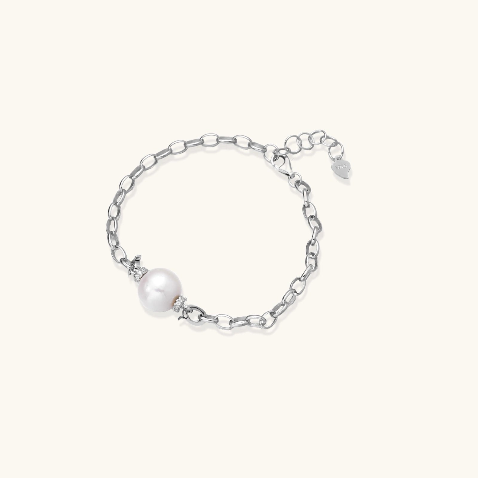 Pearl charm silver bracelet in rhodium plated sterling silver 925 with freshwater pearl and heart charm