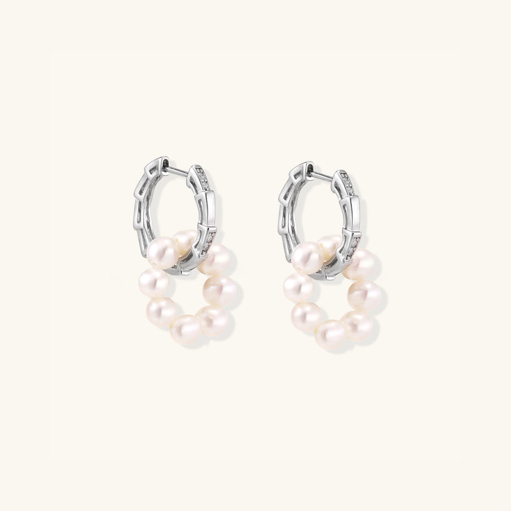 Pair of pearl cluster huggie hoop earrings with freshwater pearl ring in 925 sterling silver