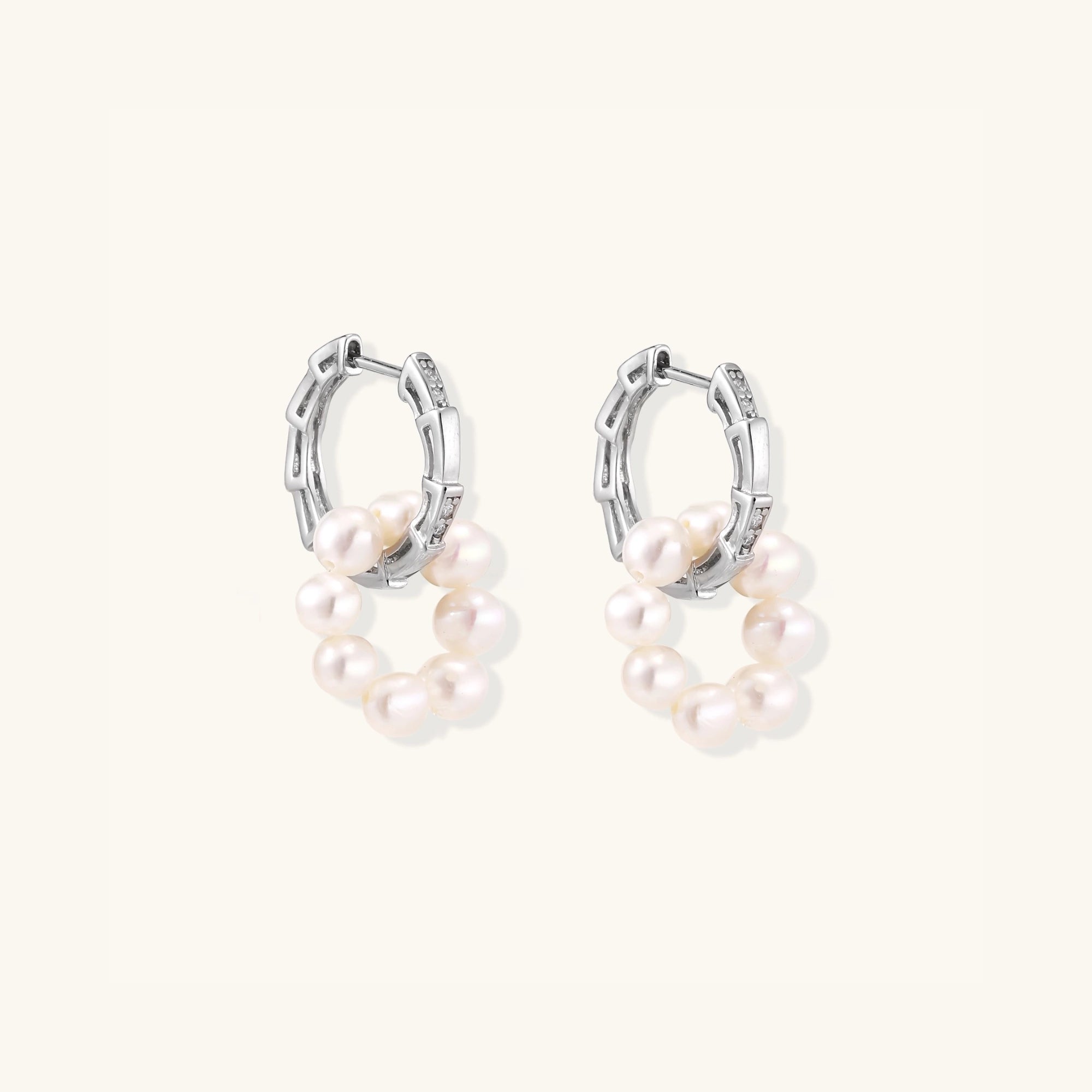 Pair of pearl cluster huggie hoop earrings with freshwater pearl ring in 925 sterling silver