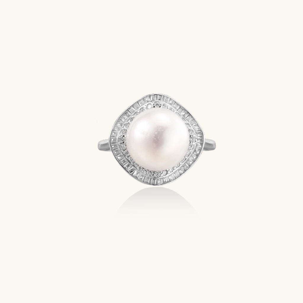 Pearl cocktail ring with 11mm freshwater pearl and crystal double halo in rhodium-plated 925 sterling silver, front view | VAHN Jewels