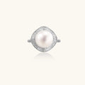 Pearl cocktail ring with 11mm freshwater pearl and crystal double halo in rhodium-plated 925 sterling silver, front view | VAHN Jewels