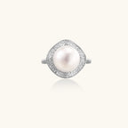 Pearl cocktail ring with 11mm freshwater pearl and crystal double halo in rhodium-plated 925 sterling silver, front view | VAHN Jewels