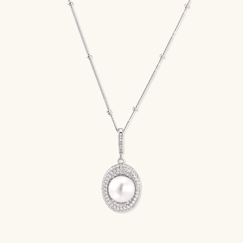 Pearl halo pendant necklace in rhodium-plated 925 sterling silver with 9.2mm freshwater pearl and pave zirconia halo by VAHN Jewels