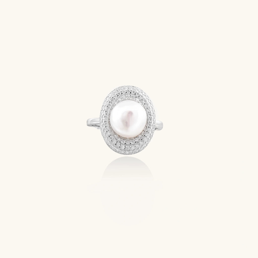 Pearl statement ring with 9mm freshwater pearl and crystal halo in rhodium-plated 925 sterling silver, front view | VAHN Jewels