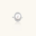Pearl statement ring with 9mm freshwater pearl and crystal halo in rhodium-plated 925 sterling silver, front view | VAHN Jewels