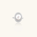 Pearl statement ring with 9mm freshwater pearl and crystal halo in rhodium-plated 925 sterling silver, front view | VAHN Jewels