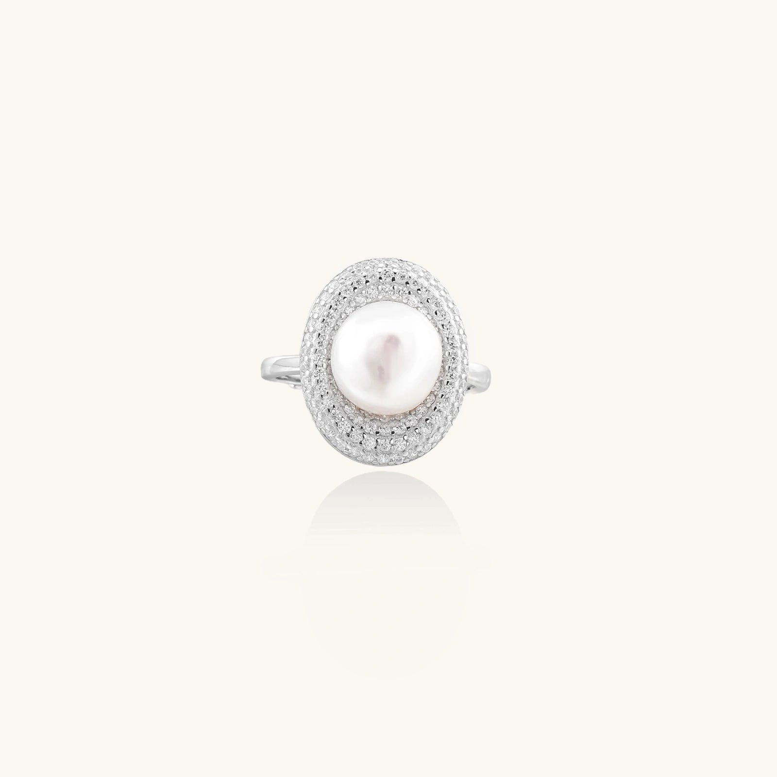 Pearl statement ring with 9mm freshwater pearl and crystal halo in rhodium-plated 925 sterling silver, front view | VAHN Jewels