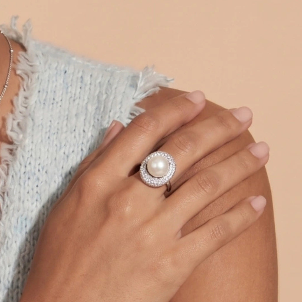 Woman wearing pearl halo statement ring in silver | VAHN Jewels