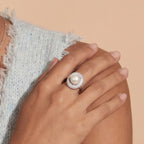Woman wearing pearl halo statement ring in silver | VAHN Jewels