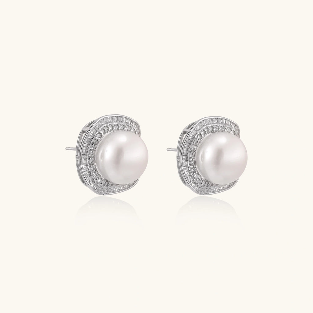 Angled view of pearl halo stud earrings showing cushion square halo and pearl depth by VAHN Jewels