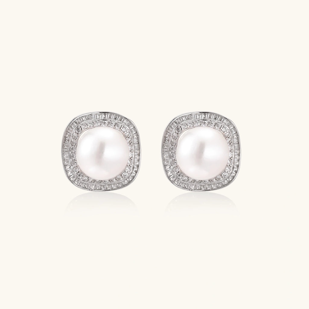 Pearl halo stud earrings in rhodium-plated 925 sterling silver with freshwater pearl and double pave zirconia cushion halo by VAHN Jewels