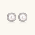 Pearl halo stud earrings in rhodium-plated 925 sterling silver with freshwater pearl and double pave zirconia cushion halo by VAHN Jewels