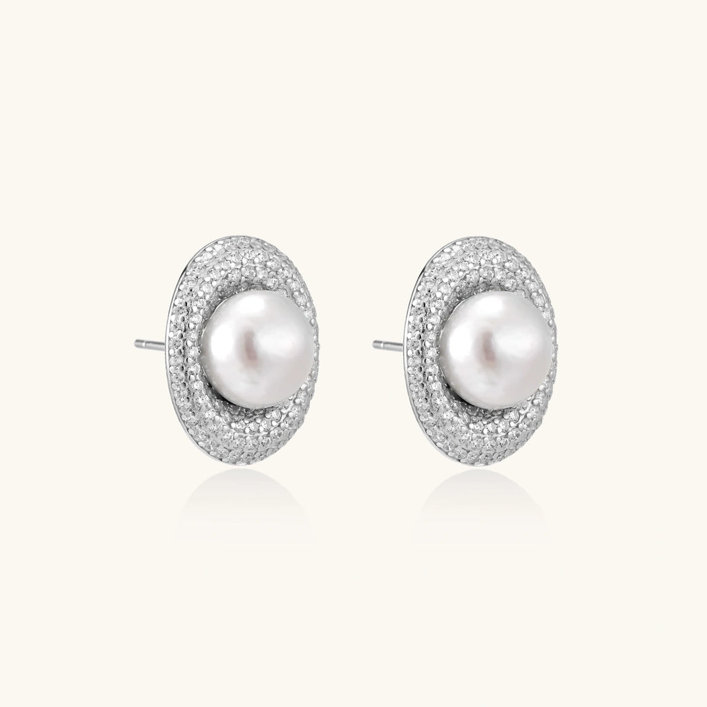 Pair of pearl halo stud earrings with crystal surround in 925 sterling silver