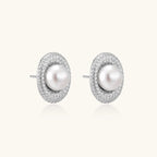 Pair of pearl halo stud earrings with crystal surround in 925 sterling silver