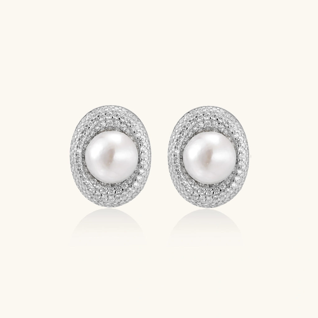 Pearl halo stud earrings with freshwater pearl and pave crystal in rhodium-plated 925 sterling silver, front view | VAHN Jewels
