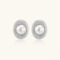 Pearl halo stud earrings with freshwater pearl and pave crystal in rhodium-plated 925 sterling silver, front view | VAHN Jewels