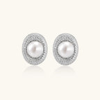 Pearl halo stud earrings with freshwater pearl and pave crystal in rhodium-plated 925 sterling silver, front view | VAHN Jewels