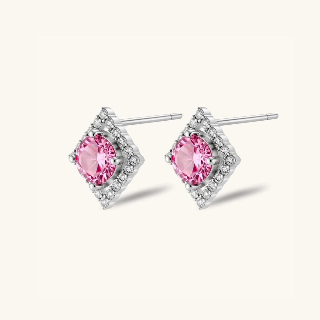 Pair of pink moissanite halo stud earrings, geometric square design, 925 sterling silver