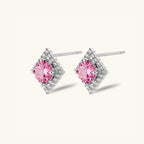 Pair of pink moissanite halo stud earrings, geometric square design, 925 sterling silver