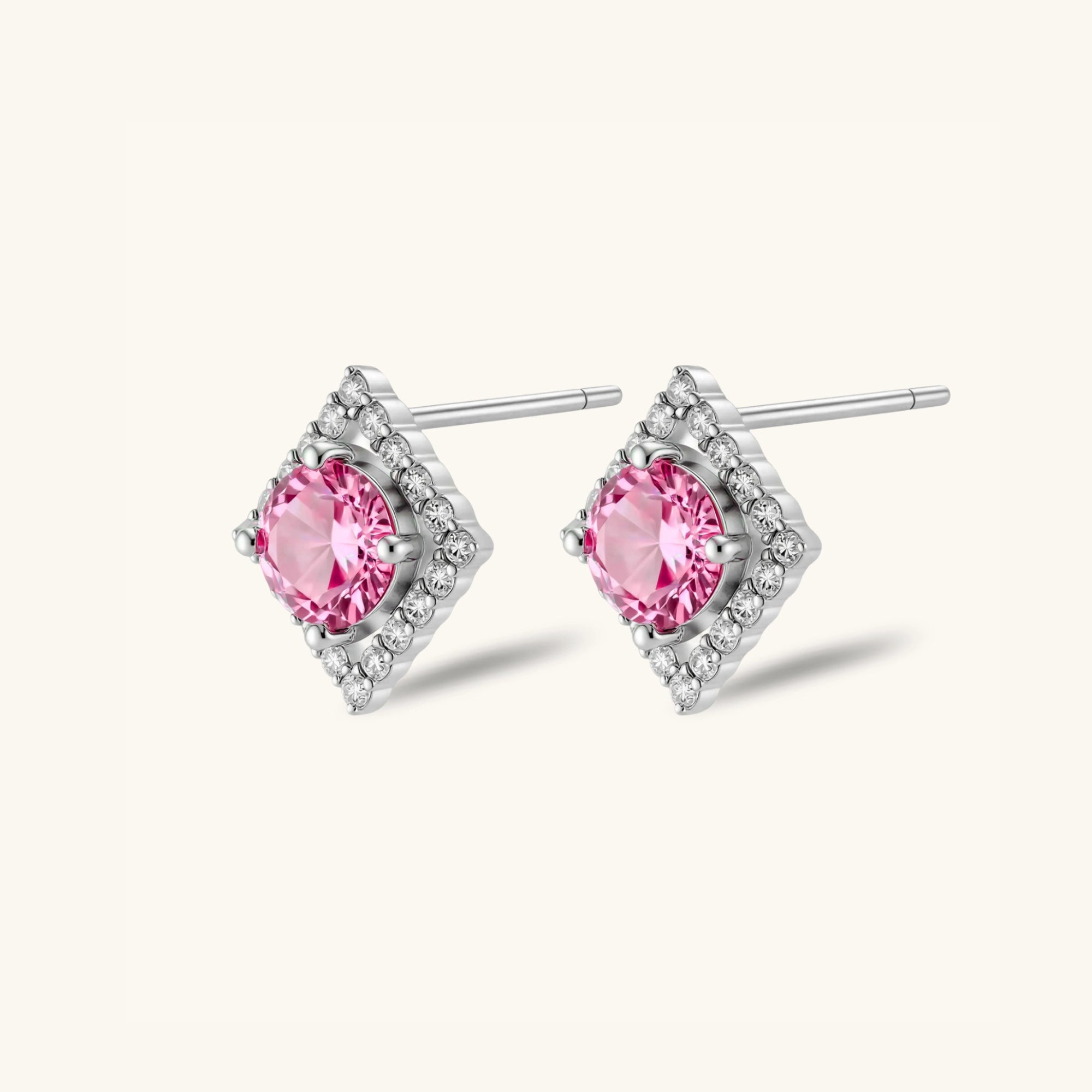 Pair of pink moissanite halo stud earrings, geometric square design, 925 sterling silver