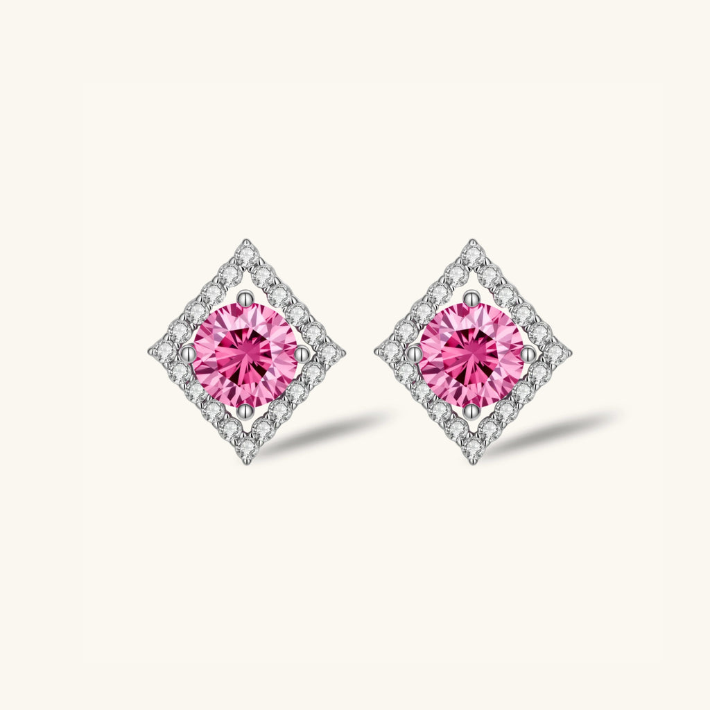 Pink moissanite stud earrings with geometric halo in 925 sterling silver, front view | VAHN Jewels
