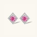 Pink moissanite stud earrings with geometric halo in 925 sterling silver, front view | VAHN Jewels