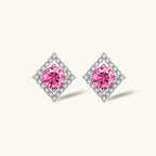 Pink moissanite stud earrings with geometric halo in 925 sterling silver, front view | VAHN Jewels