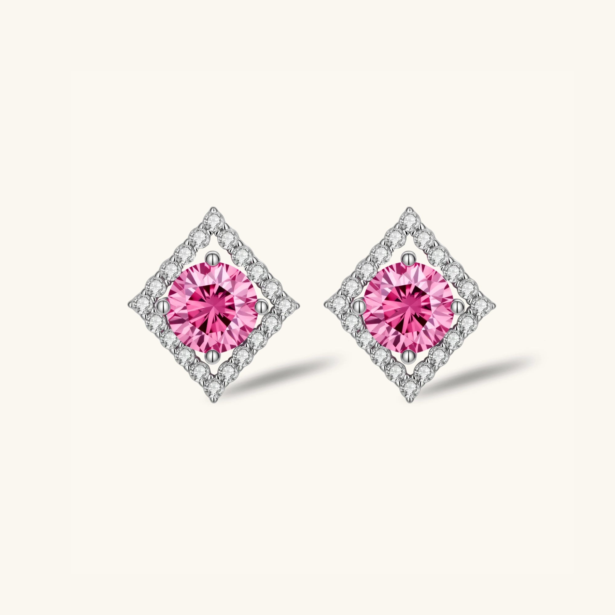 Pink moissanite stud earrings with geometric halo in 925 sterling silver, front view | VAHN Jewels
