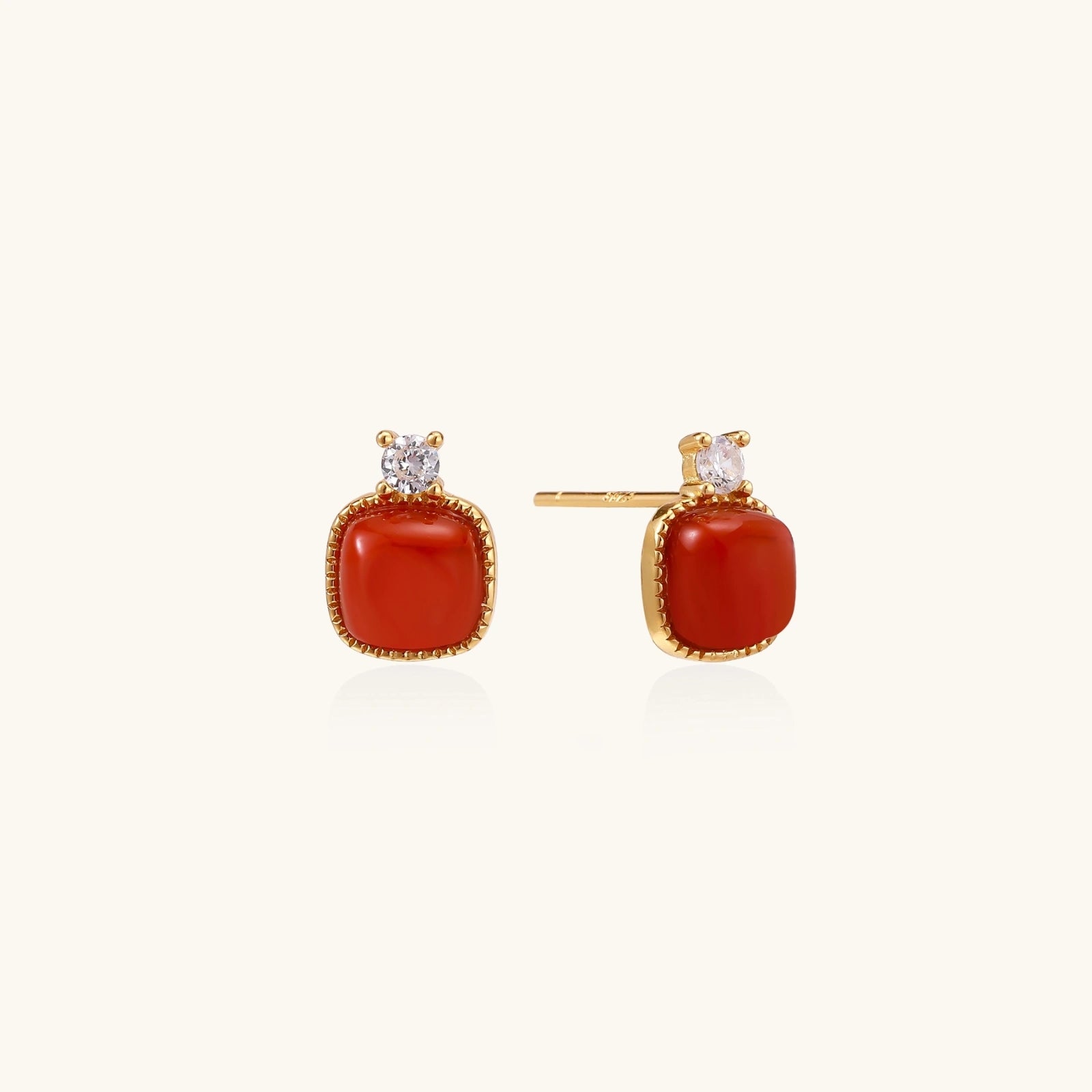 Pair of dainty red agate stud earrings in gold vermeil, 925 sterling silver