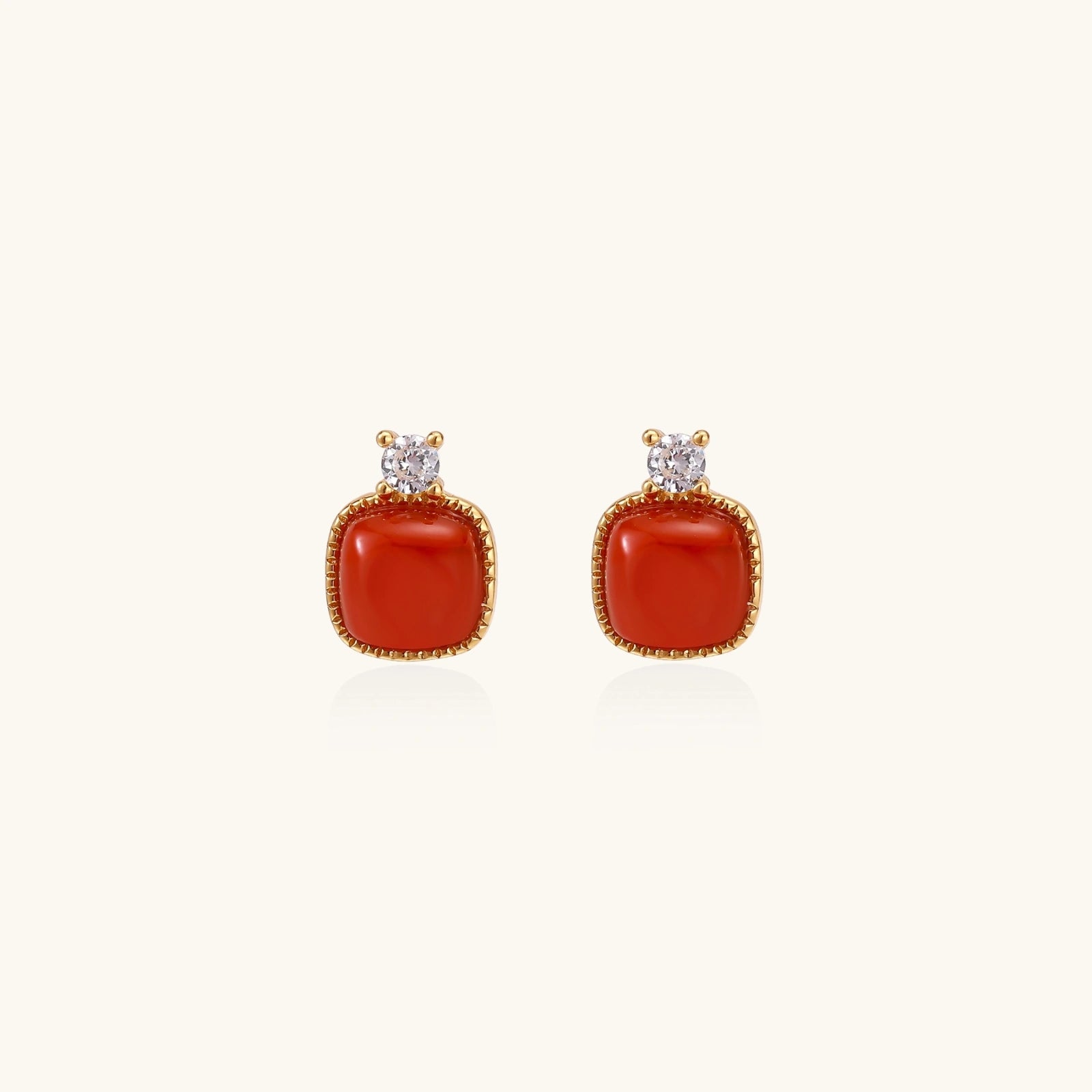 Red agate stud earrings in 18K gold vermeil over 925 sterling silver with cubic zirconia accent, front view | VAHN Jewels