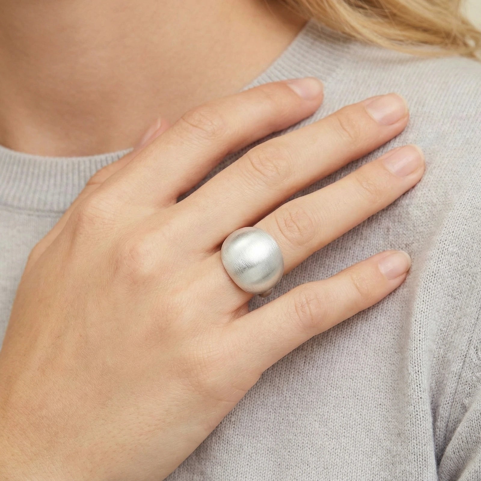 Woman wearing chunky silver dome ring in sterling silver | VAHN Jewels