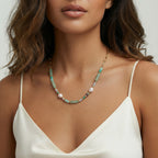 Woman wearing seafoam quartz pearl beaded necklace with prasem quartz and baroque pearls by VAHN Jewels