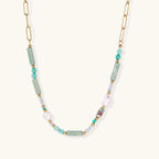 Seafoam quartz pearl beaded necklace in 14K gold plated stainless steel with prasem quartz and baroque pearls