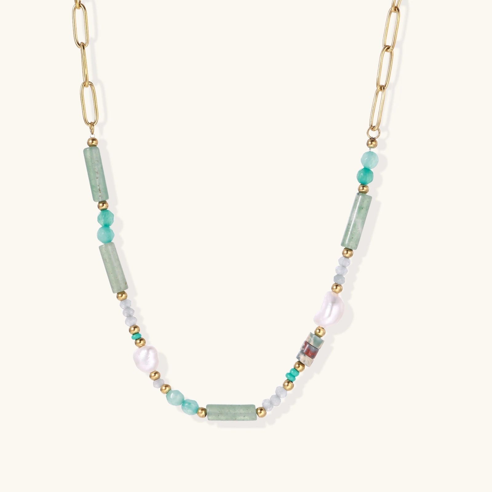 Seafoam quartz pearl beaded necklace in 14K gold plated stainless steel with prasem quartz and baroque pearls