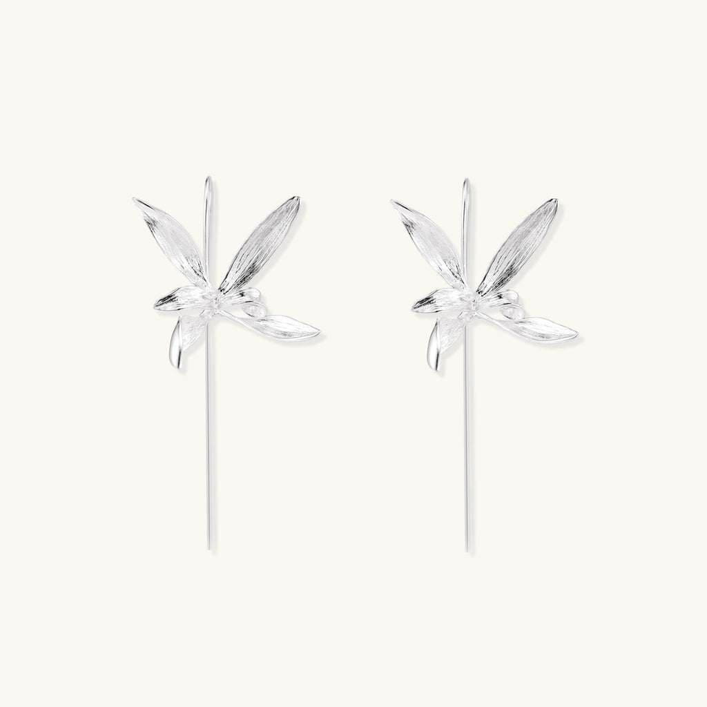 Silver dragonfly threader earrings in solid 925 sterling silver with brushed sculpted wings by VAHN Jewels