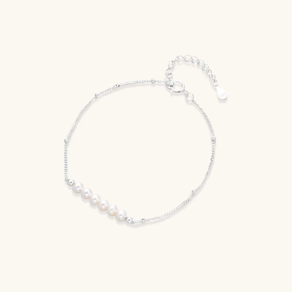 Six pearl chain bracelet on fine rhodium-plated 925 sterling silver chain, front view | VAHN Jewels