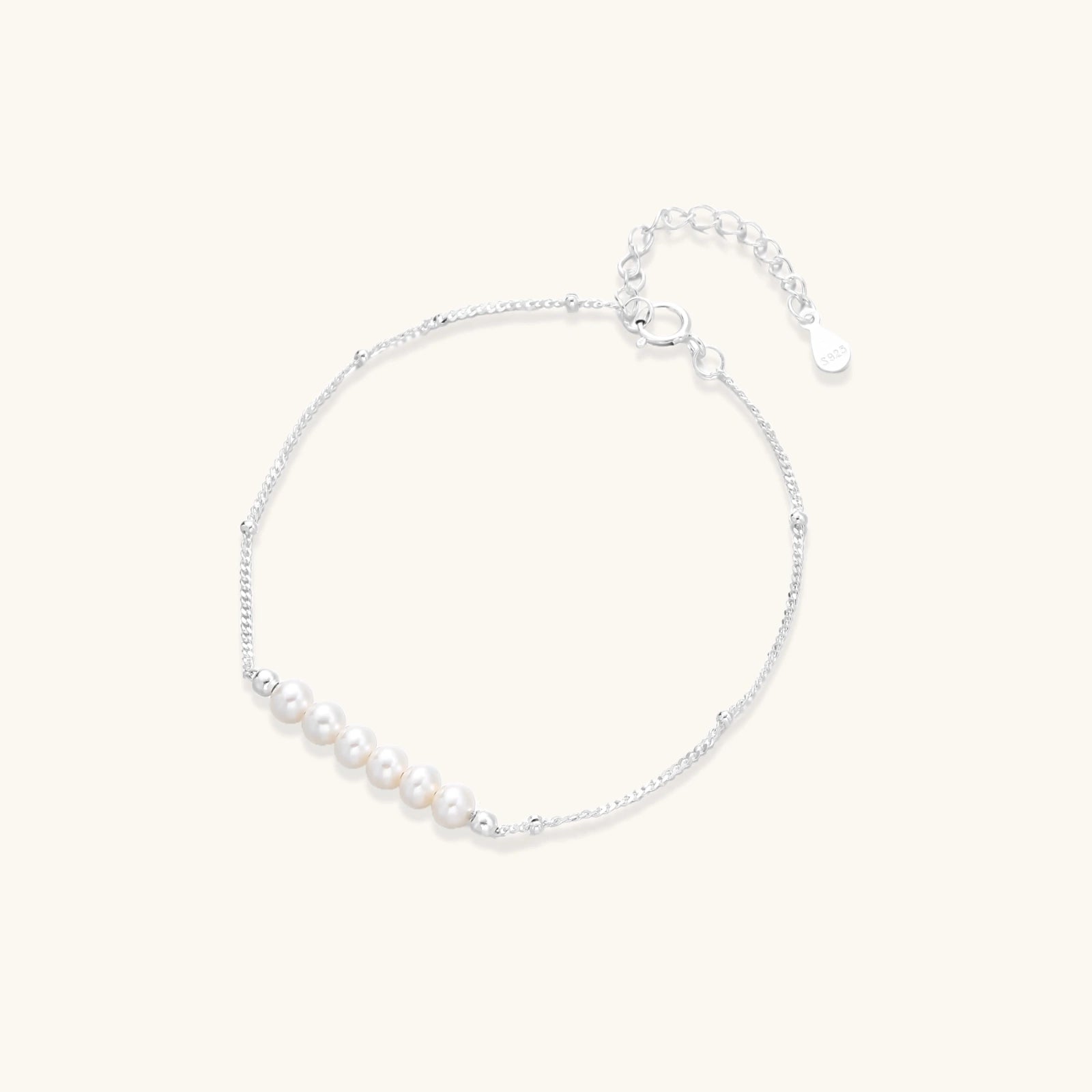 Six pearl chain bracelet on fine rhodium-plated 925 sterling silver chain, front view | VAHN Jewels