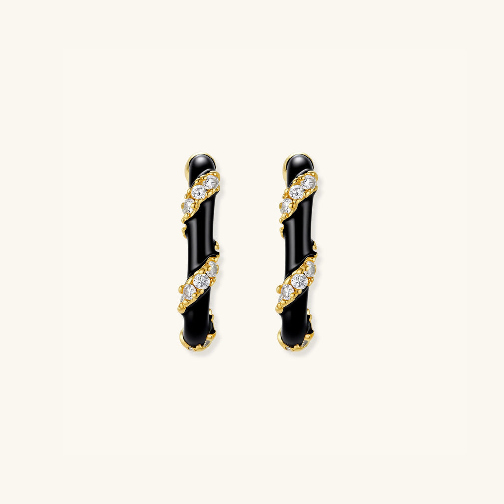 Striped black and gold enamel hoop earrings in 14K gold-plated 925 sterling silver with cubic zirconia, front view | VAHN Jewels