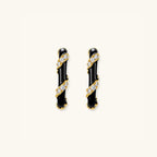 Striped black and gold enamel hoop earrings in 14K gold-plated 925 sterling silver with cubic zirconia, front view | VAHN Jewels