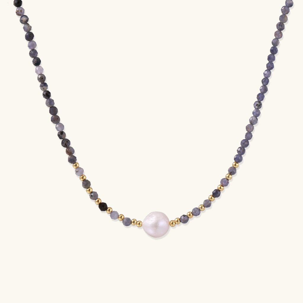 Twilight iolite pearl necklace with faceted iolite beads, freshwater pearl center and 18K gold vermeil accents by VAHN Jewels