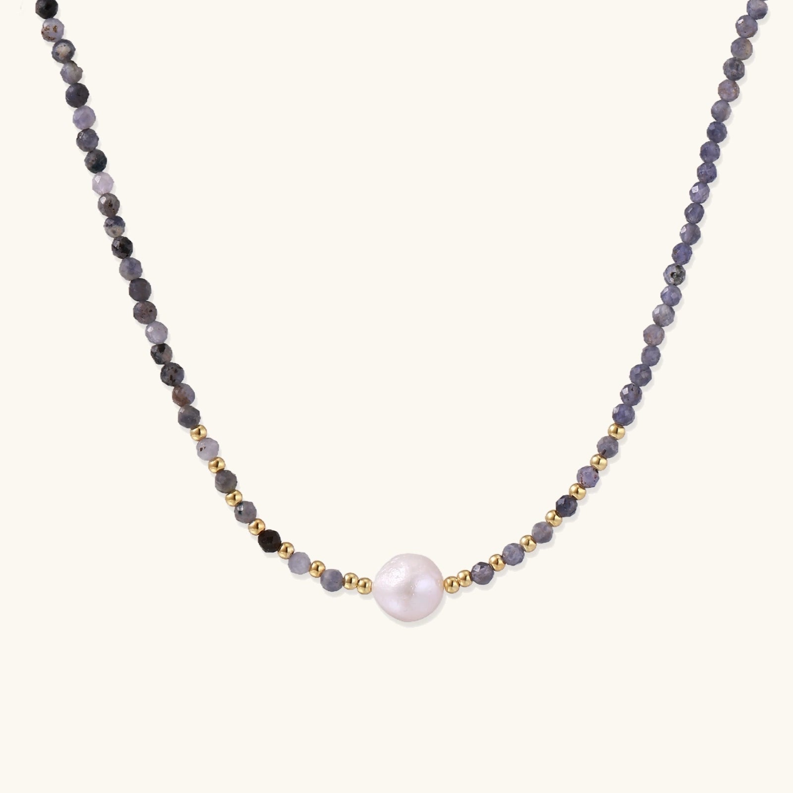 Twilight iolite pearl necklace with faceted iolite beads, freshwater pearl center and 18K gold vermeil accents by VAHN Jewels