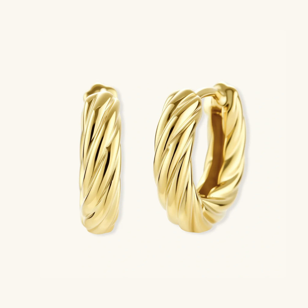 Angled pair view of twisted rope gold huggie earrings showing twist detail and depth by VAHN Jewels
