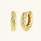Angled pair view of twisted rope gold huggie earrings showing twist detail and depth by VAHN Jewels