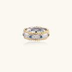 Two-tone textured band ring in 24K gold vermeil over 925 sterling silver with blue zirconia, front view | VAHN Jewels