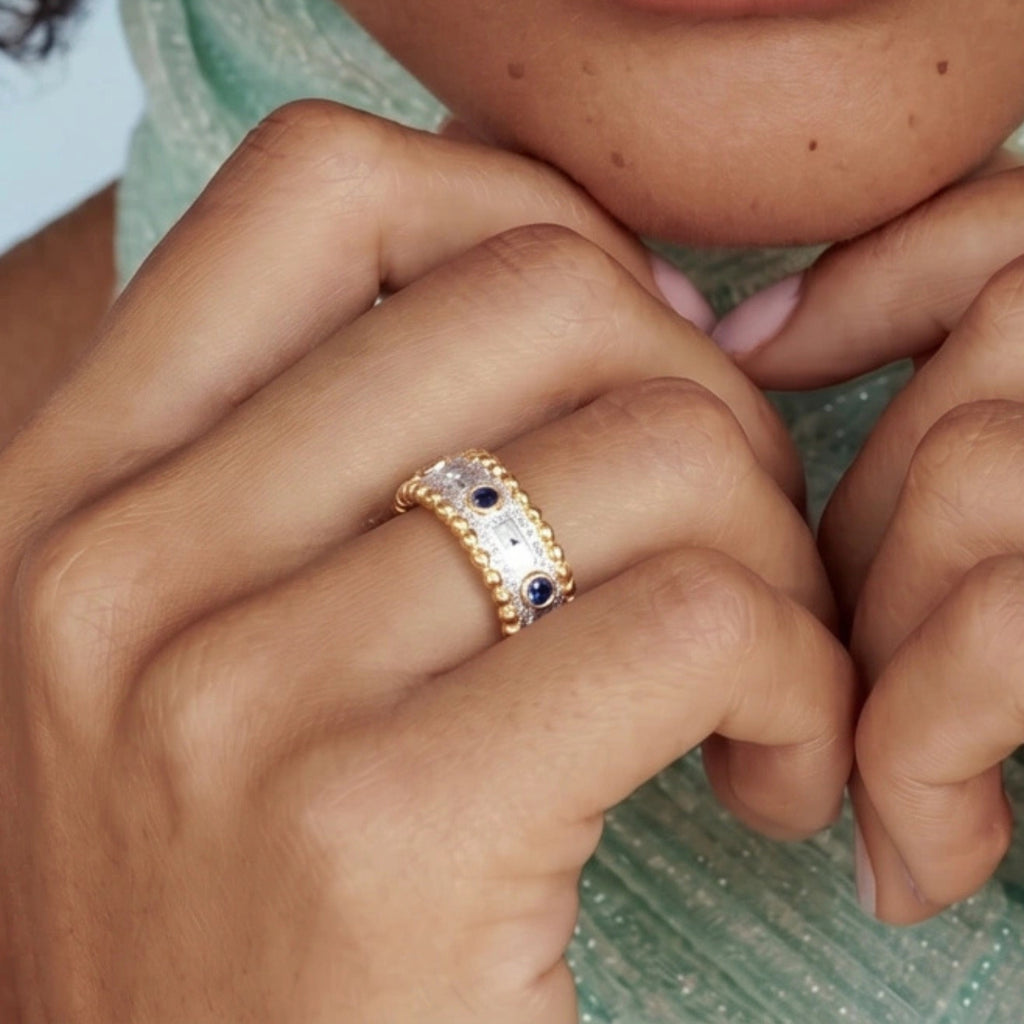 Woman wearing two-tone gold and silver textured band ring | VAHN Jewels