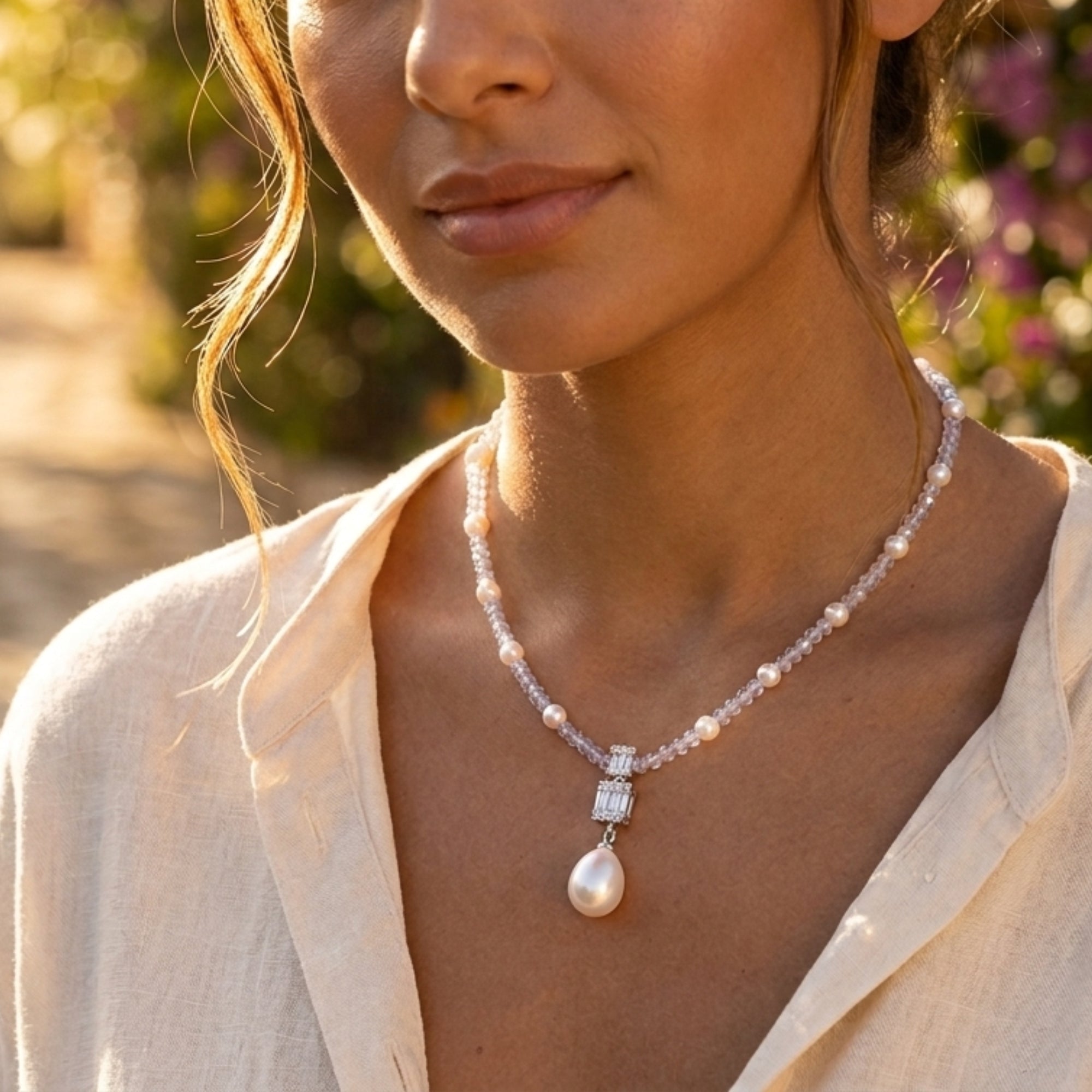 Woman wearing lavender pearl crystal necklace in rhodium-plated 925 sterling silver by VAHN Jewels