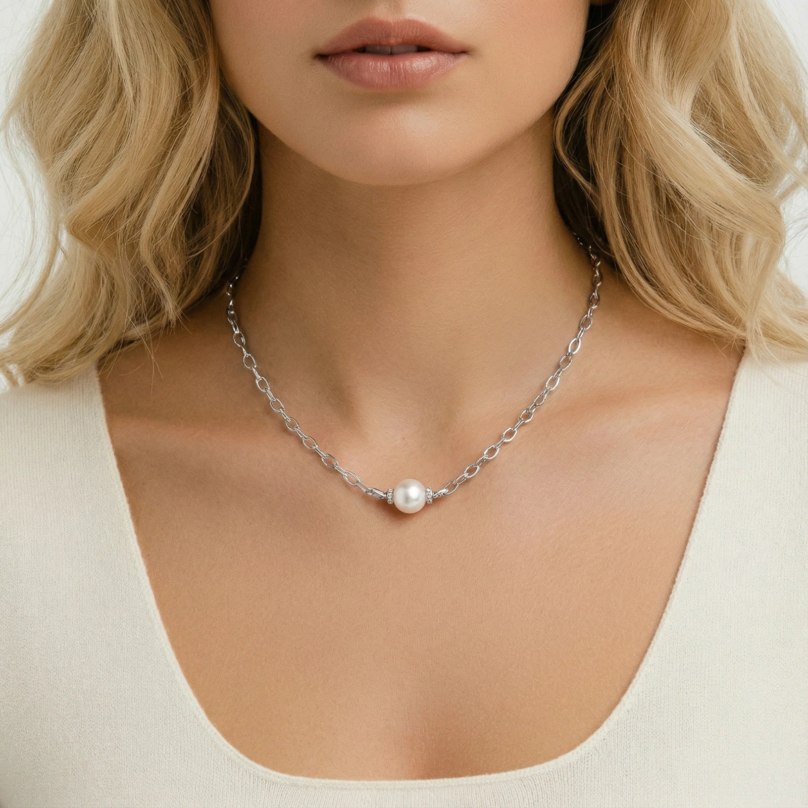 Woman wearing Luna Pearl Chain necklace in rhodium-plated 925 sterling silver with single freshwater pearl by VAHN Jewels