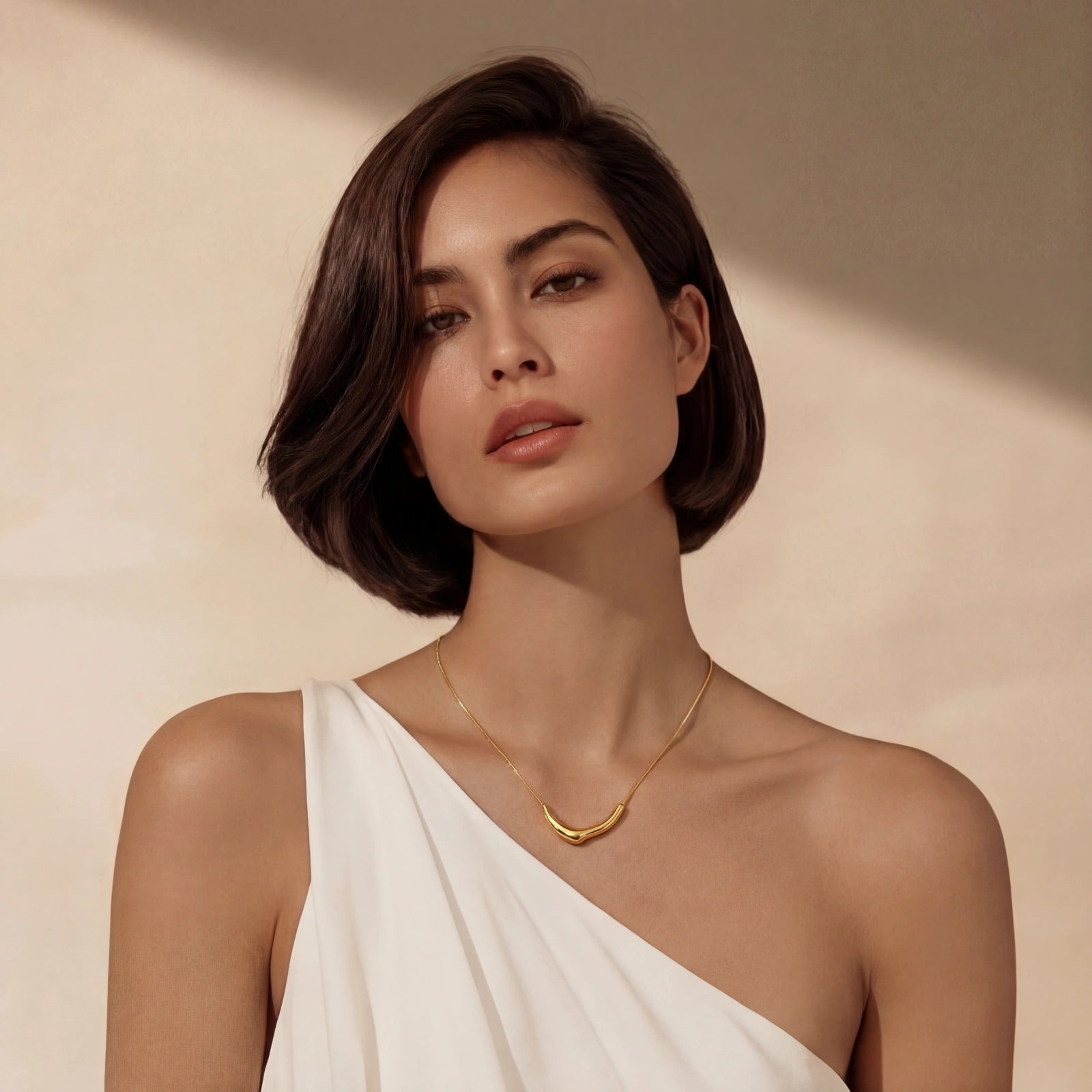 Woman wearing sleek curve pendant gold necklace in 18K gold-plated 925 sterling silver by VAHN Jewels
