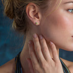 Woman wearing yellow moissanite halo stud earrings in 925 sterling silver by VAHN Jewels