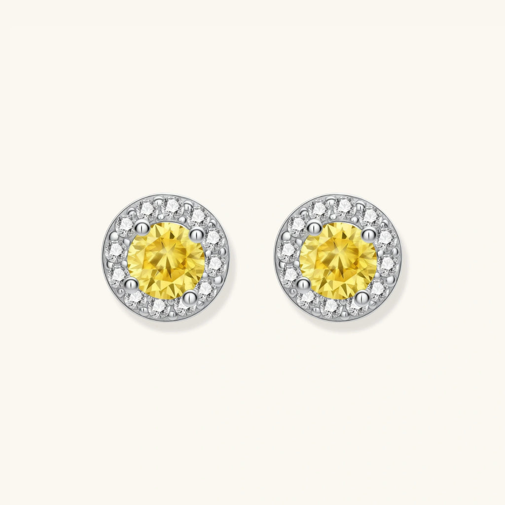 Yellow moissanite halo stud earrings in 925 sterling silver with 0.1ct VVS1 yellow moissanite and pave zirconia halo by VAHN Jewels